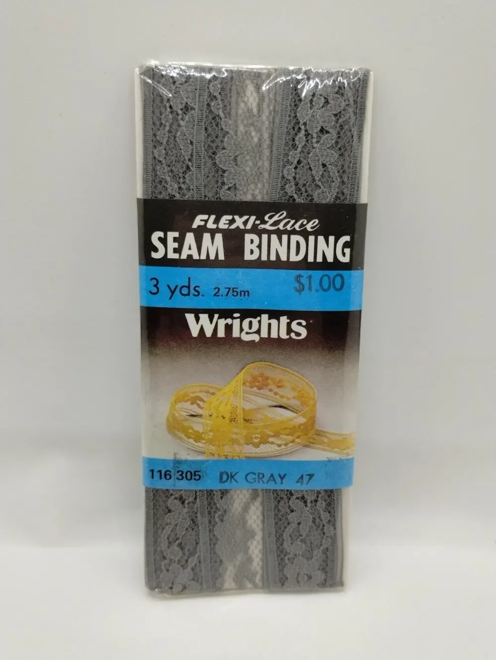Wrights Seam Binding Flexi-Lace 3 Yds 116 305 - Dk Gray 71 - Sewing Vintage 1986